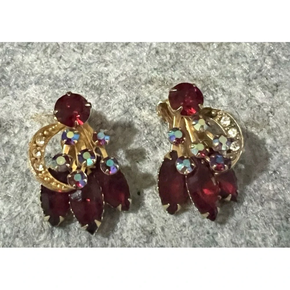 Vintage 1960s Red AB Rhinestone Earrings Clip on RARE